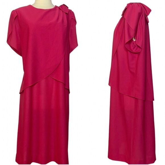 Gorgeous Vintage 1980’s Sally Lou Pink Drapey Bow Dress - Picture 1 of 12